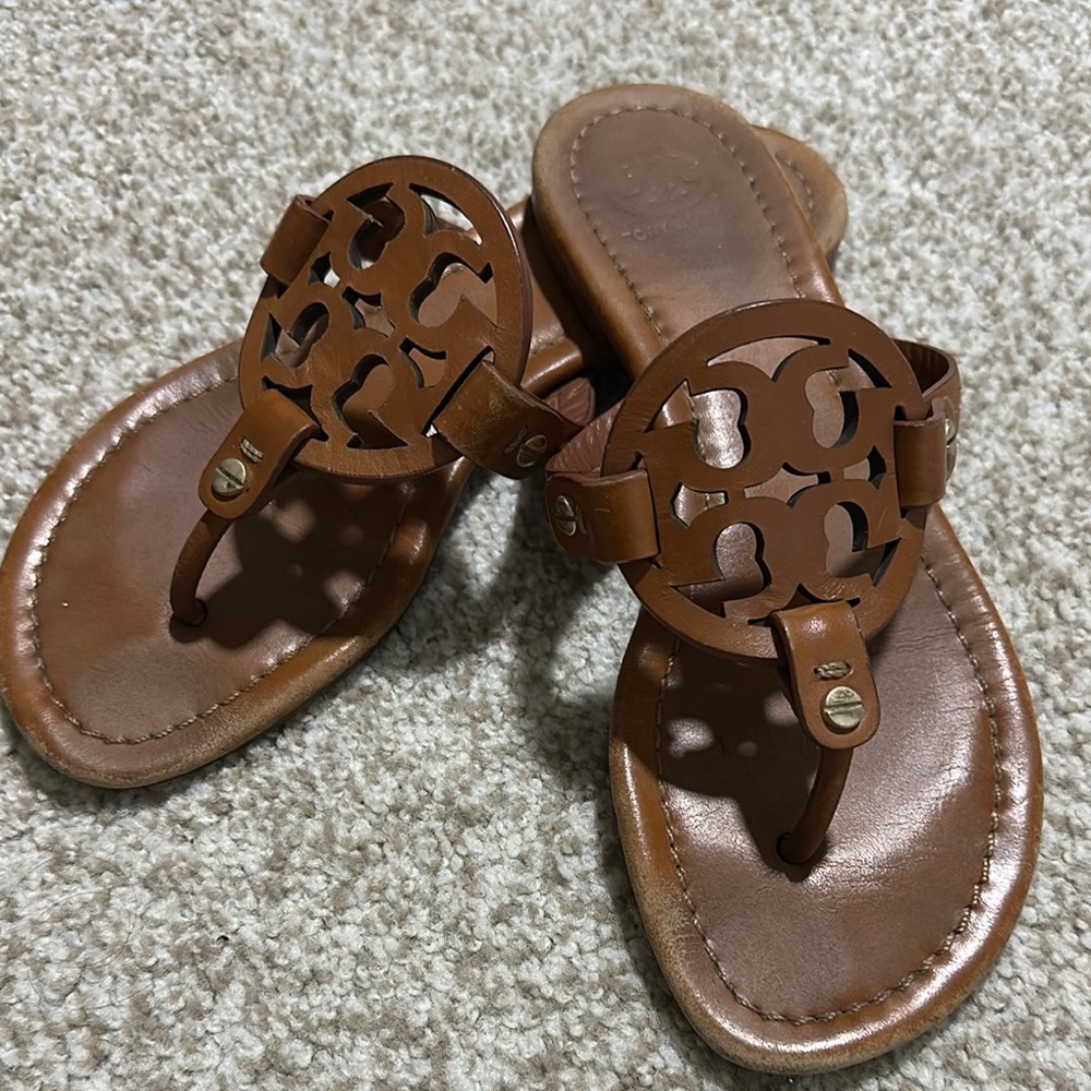Tory Burch Brown Leather Sandals with Iconic Medallion